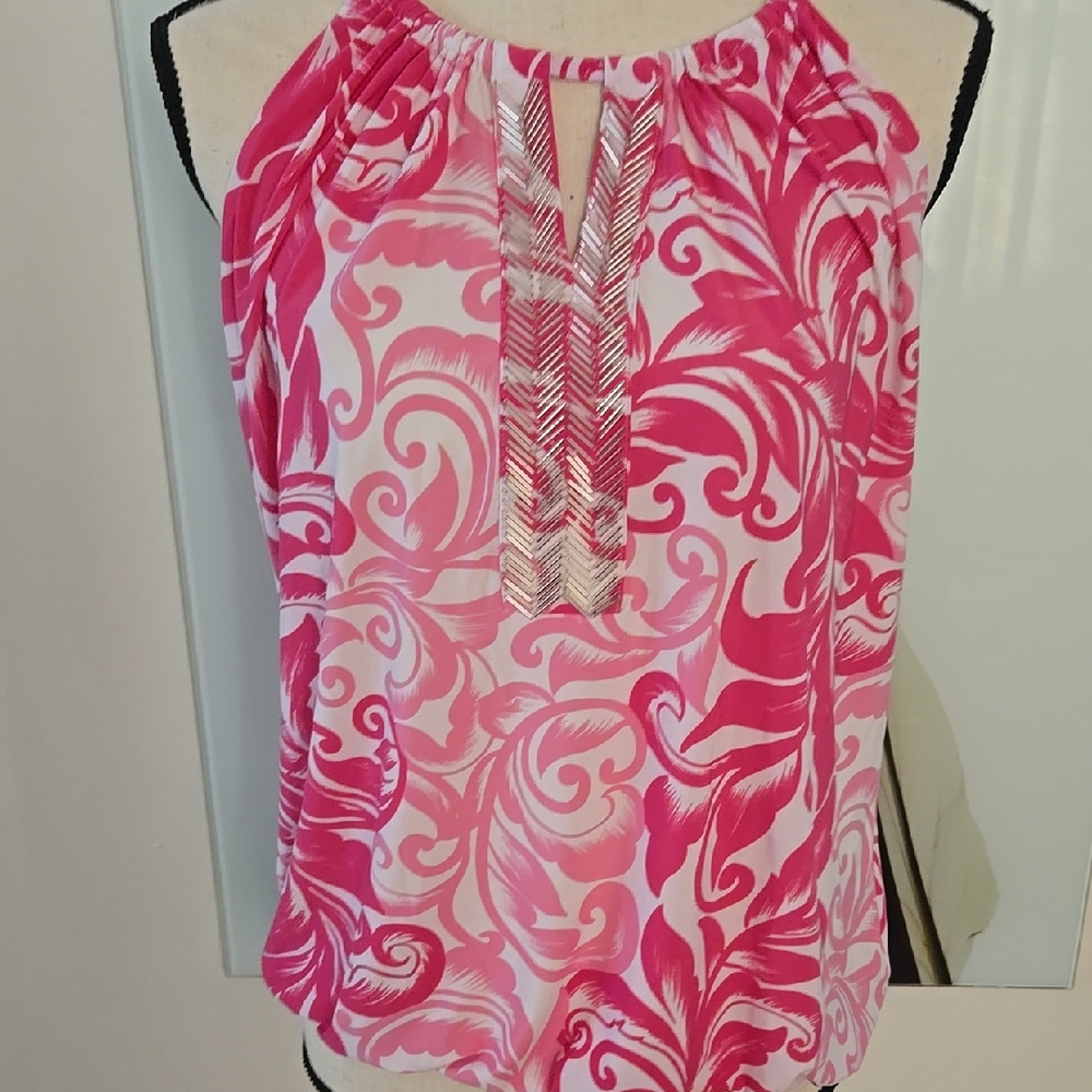INC International Concepts Pink and White Sleeveless Graphic Blouse